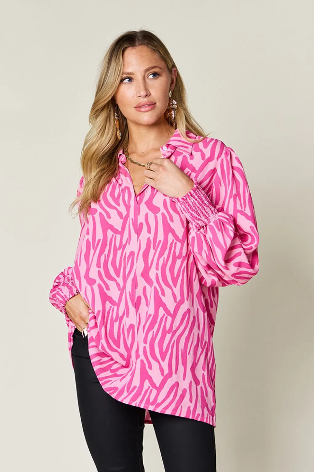 Sarah Express Women's Printed Smocked Long Sleeve Blouse Plus Size Deep Rose