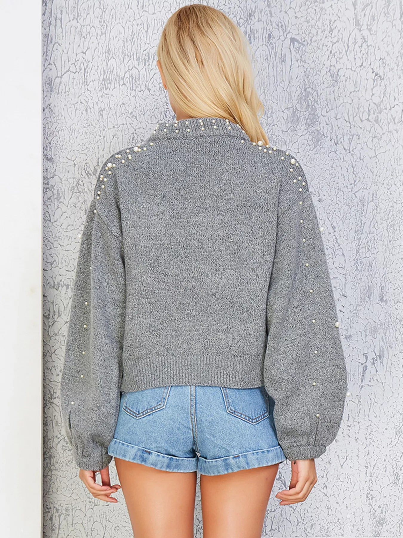 Sarah Express Women's Pearl-Embellished Mock Neck Sweater