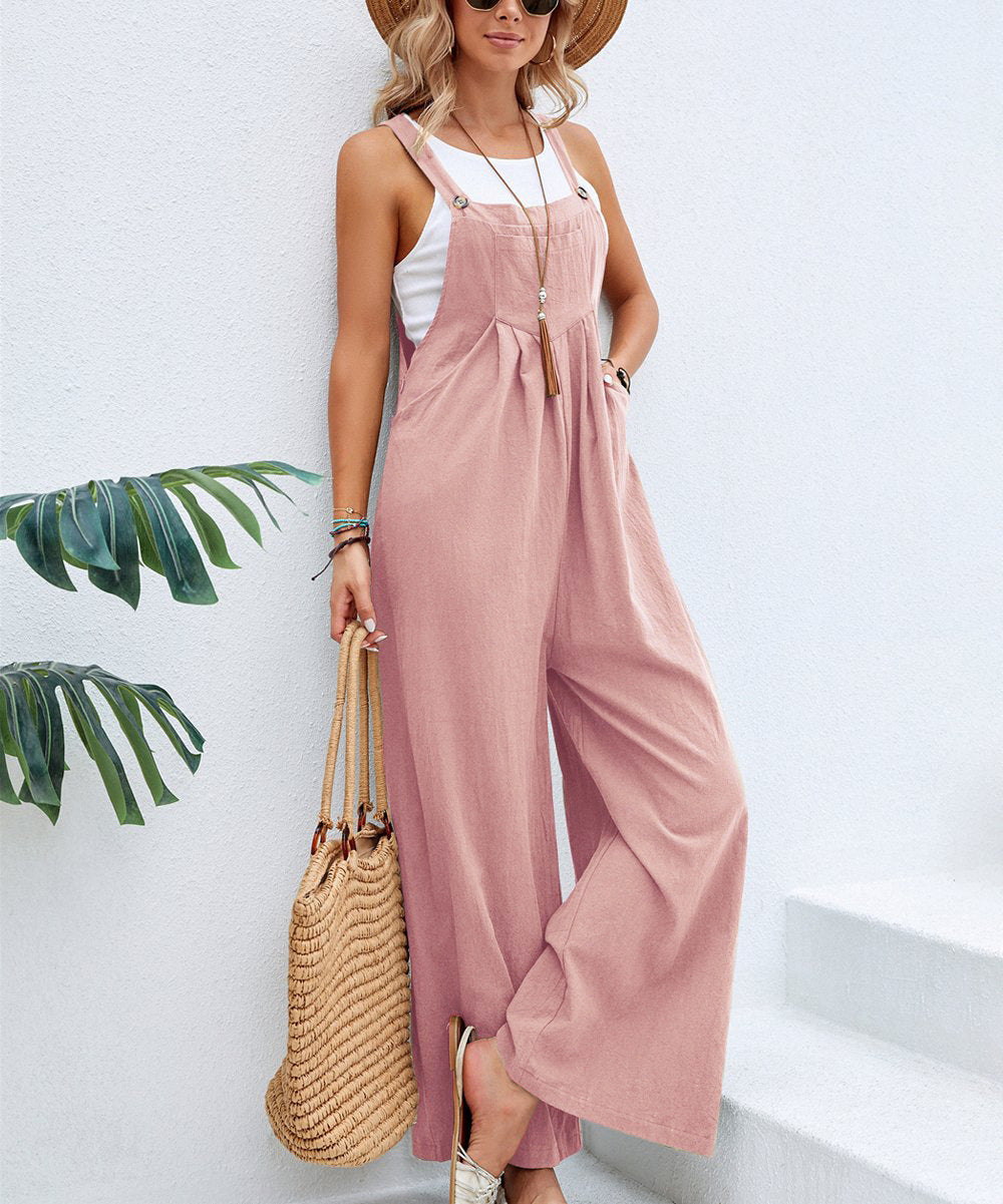 Sarah Express Women's Solid Color Cotton Suspender Trousers Casual Overall Straight Leg Mid Waist with Pockets