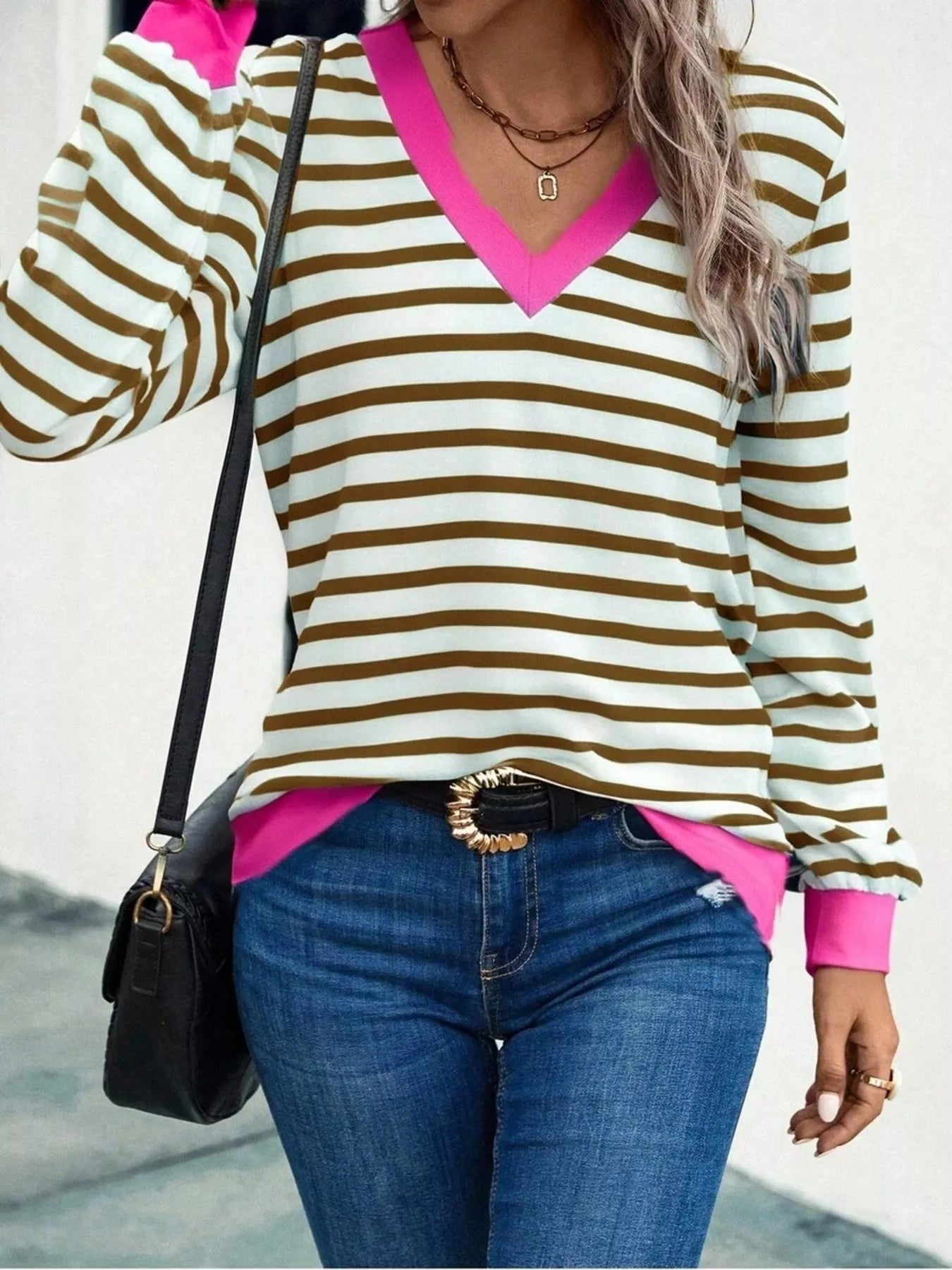 Sarah Express Women's Striped V-Neck Long Sleeve T-Shirt Khaki
