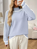 Sarah Express Women's Contrast Trim Turtleneck Long Sleeve Sweater Light Blue