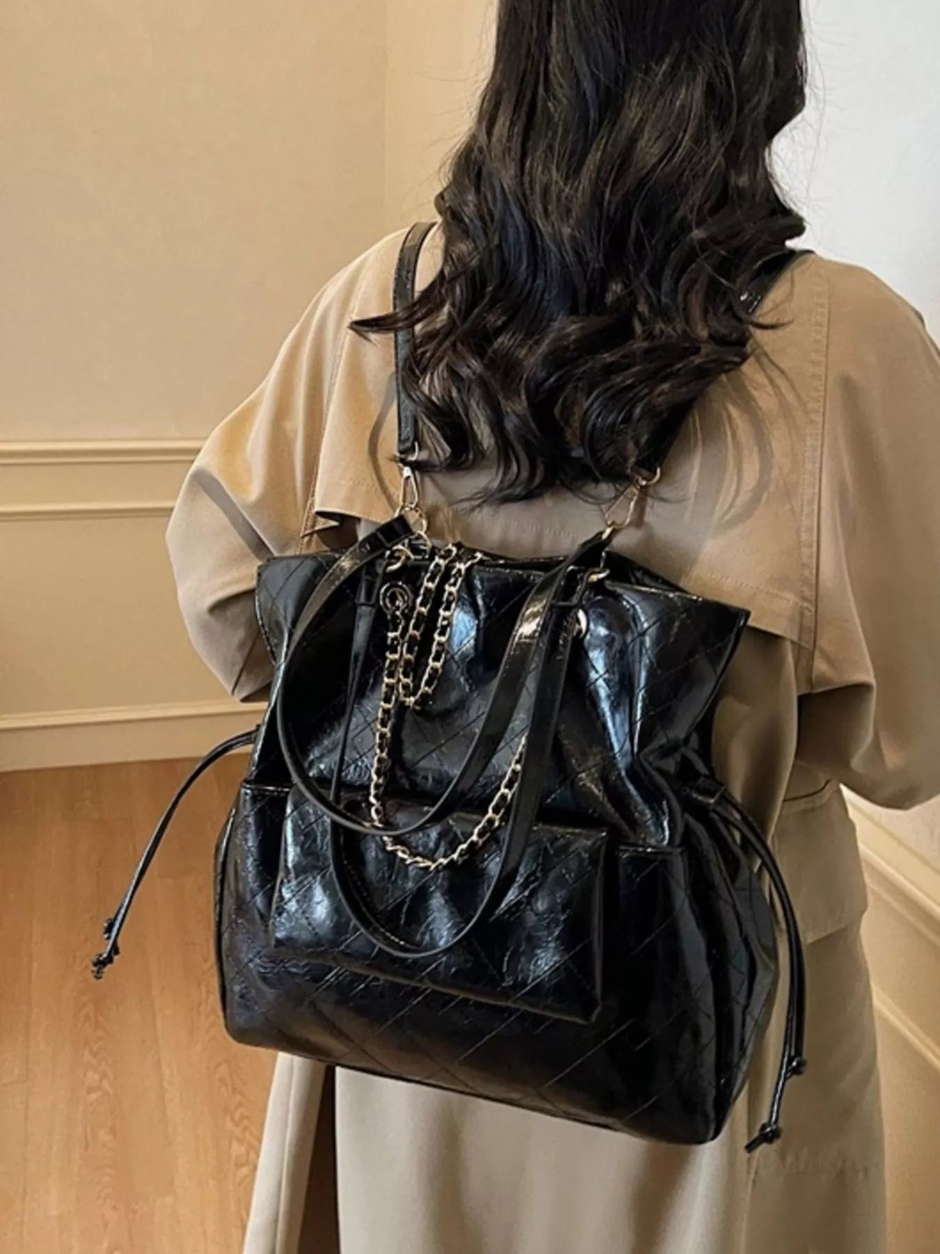 Sarah Express Women's Quilted Chain Backpack - Faux Leather Fashion Backpack Purse