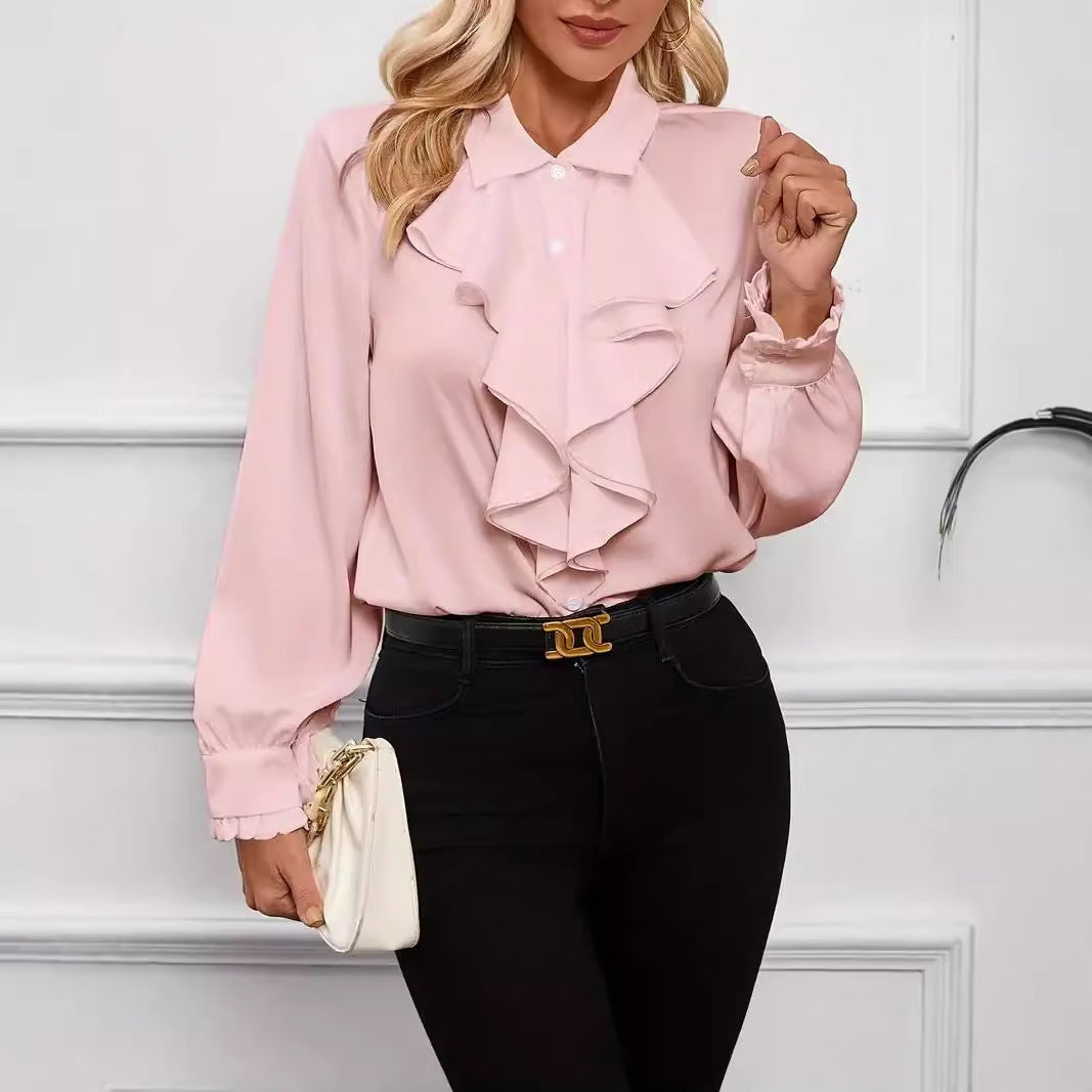 Sarah Express Women's Ruffled Long Sleeve Blouse Professional Work Shirt