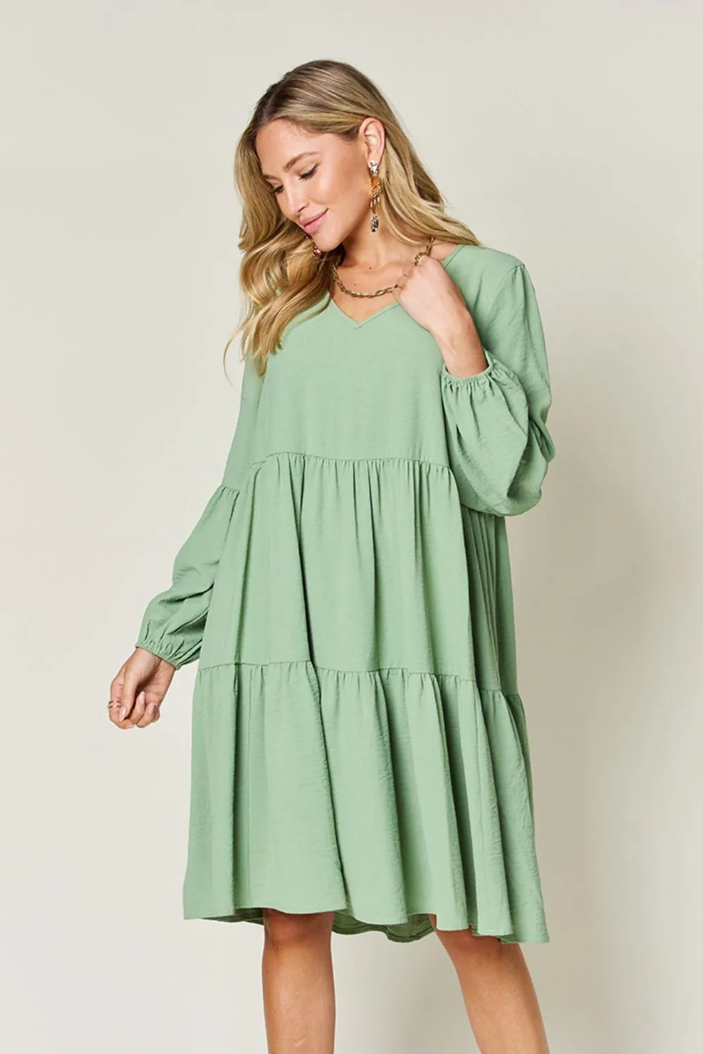Sarah Express Women's V-Neck Balloon Sleeve Tiered Dress with Pockets Light Green