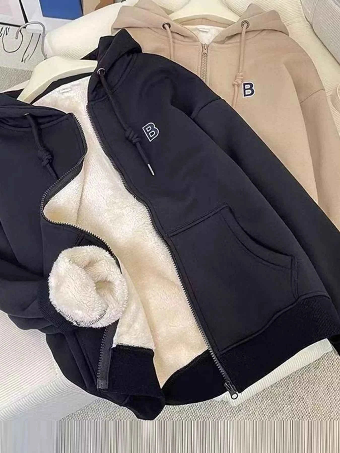 Sarah Express Women's Fleece-Lined Zip-Up Hoodie with Pockets - Drawstring Hooded Jacket Black