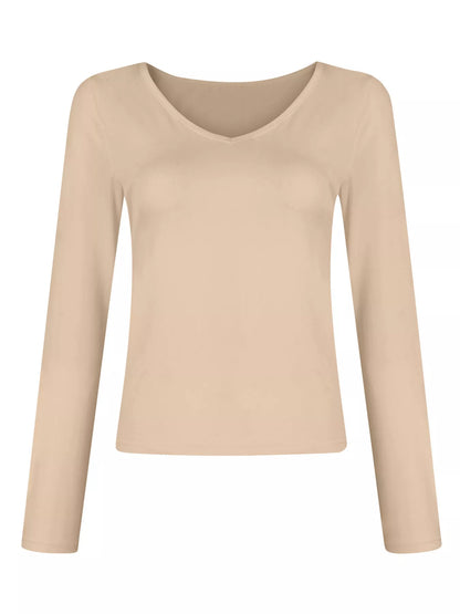 Sarah Express Women's Slim Fit V-Neck Long Sleeve T-Shirt - Ruched Detail Plus Size Top Tan