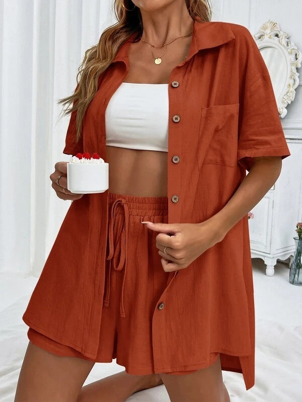 Sarah Express Women's Two-Piece Shirt & Shorts Set - Solid Color Cotton Coordinated Suit