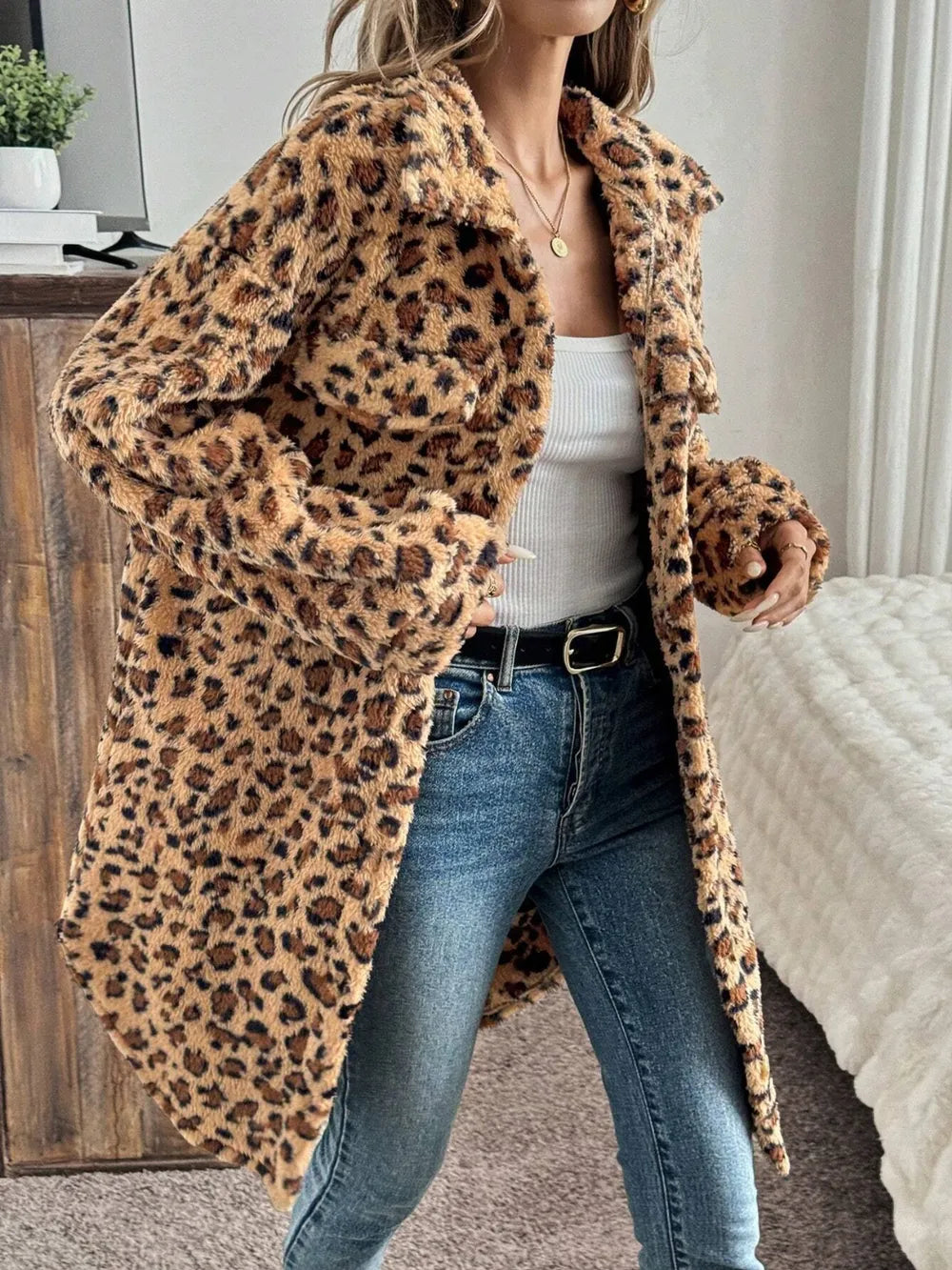 Sarah Express Women's Leopard Print Button Up Long Sleeve Fuzzy Coat