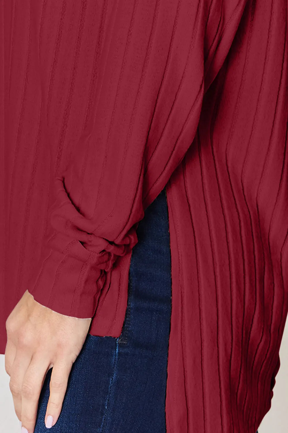 Sarah Express Women's Ribbed Round Neck Slit T-Shirt