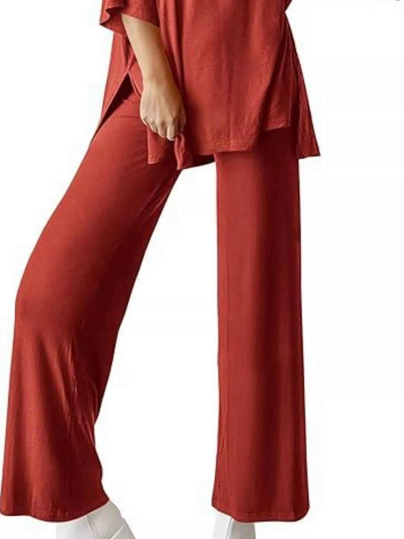 Sarah Express Women's Two Piece Slit Round Neck Top and Pants Set - Casual Loungewear Outfit