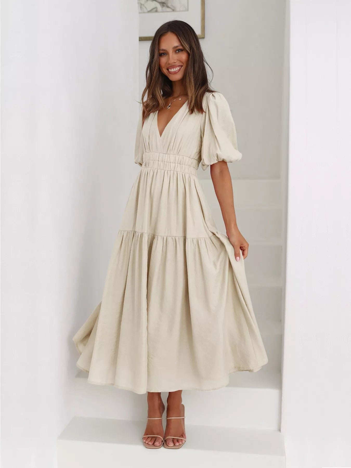 Sarah Express Women's Tiered Puff Sleeve Midi Dress Beige