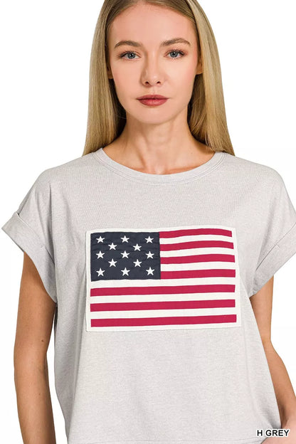 Sarah Express Women's American Flag T-Shirt - Patriotic Round Neck Short Sleeve Top H GREY
