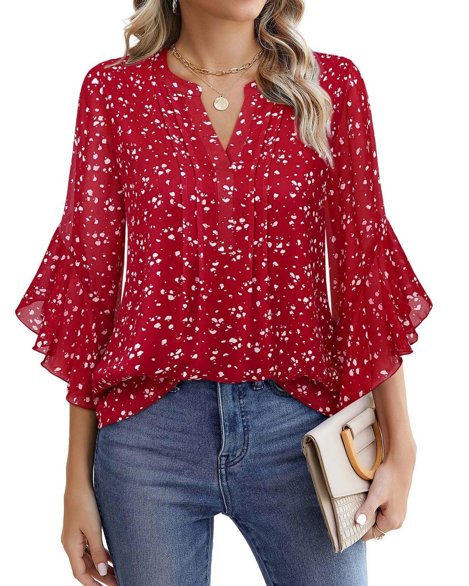 Sarah Express Women's Lotus Leaf Ruffle Sleeve Pullover Top Loose Fit 3/4 Sleeve