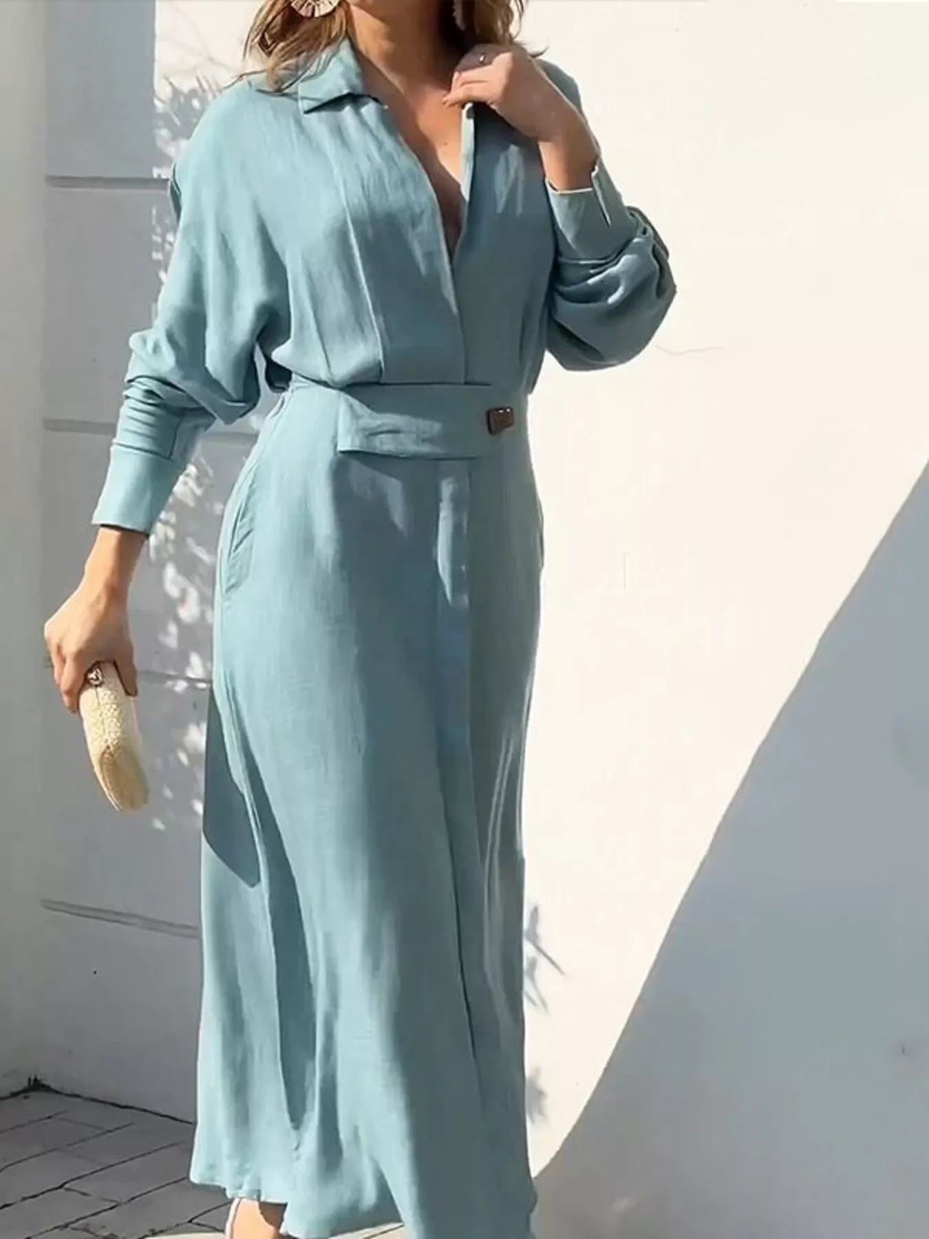 Sarah Express Women's Side Slit Long Sleeve Shirt Dress Sky Blue