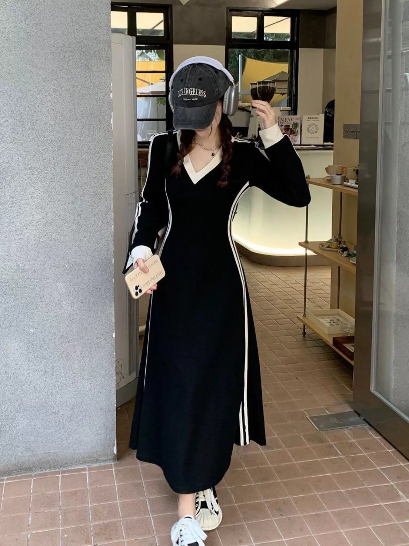 Sarah Express Women's Plus Size V-Neck Long Sleeve Bodycon Midi Dress with Side Stripes