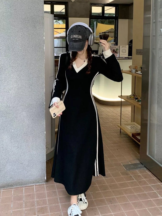 Sarah Express Women's Plus Size V-Neck Long Sleeve Bodycon Midi Dress with Side Stripes