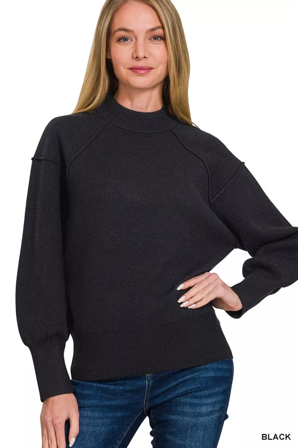 Sarah Express Women's Viscose Mock Neck Exposed Seam Sweater BLACK