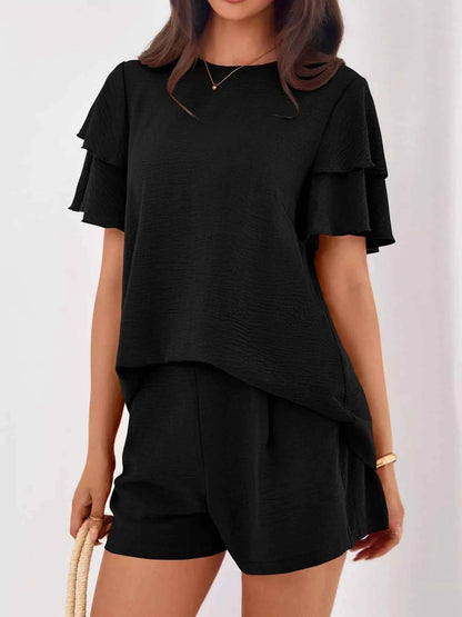 Sarah Express Women's Ruffle Sleeve Top and Shorts Two-Piece Set - Casual Summer Outfit