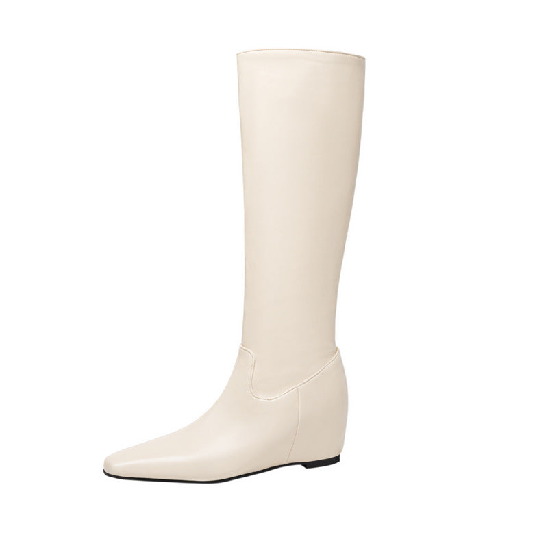 Sarah Express Women's Winter Wedge Heel Pointed-Toe Boots | Slip-On Elegant Shoes | Black & Beige Beige