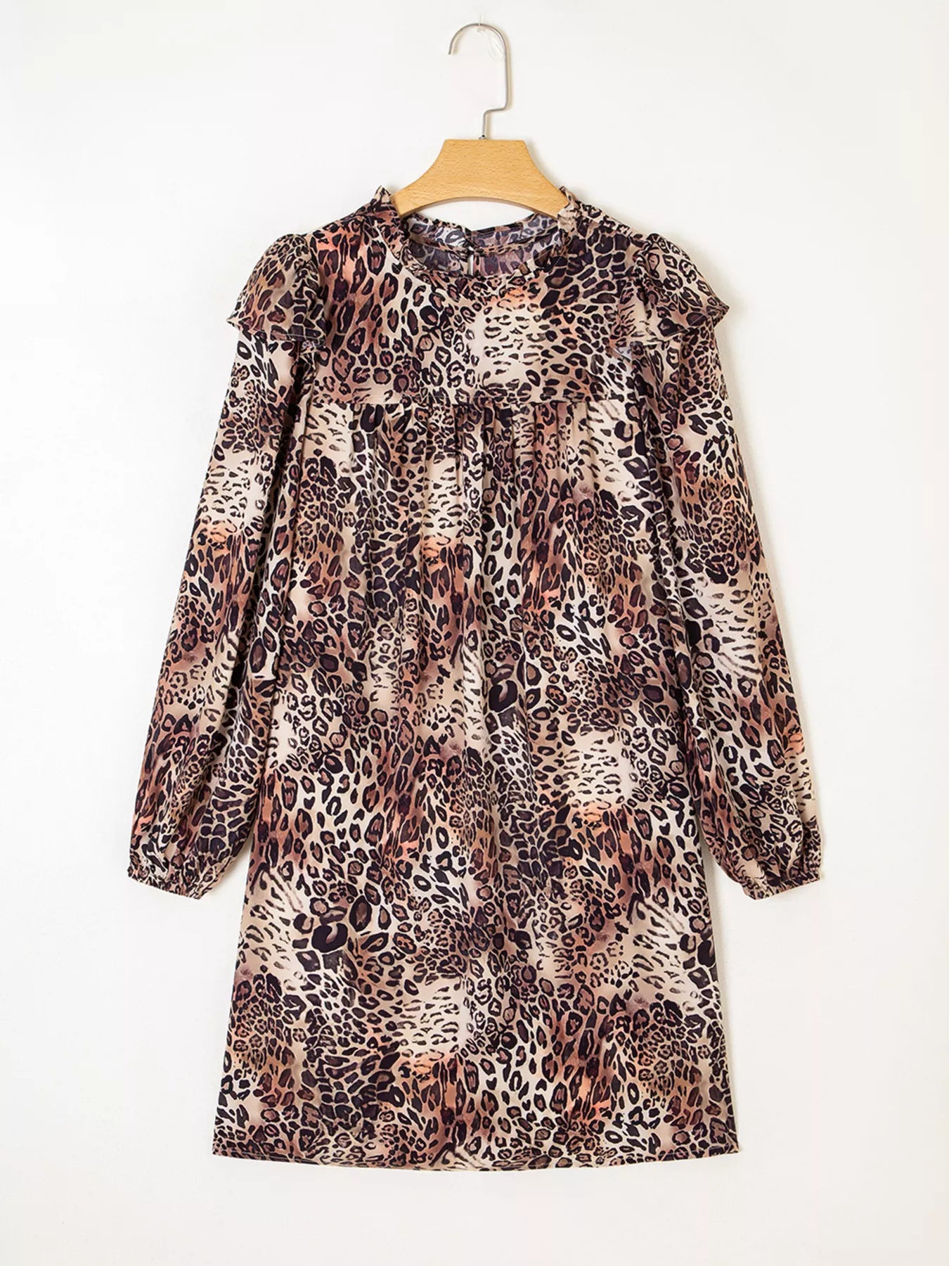 Sarah Express Women's Leopard Ruffled Detail Long Sleeve Loose Mini Dress