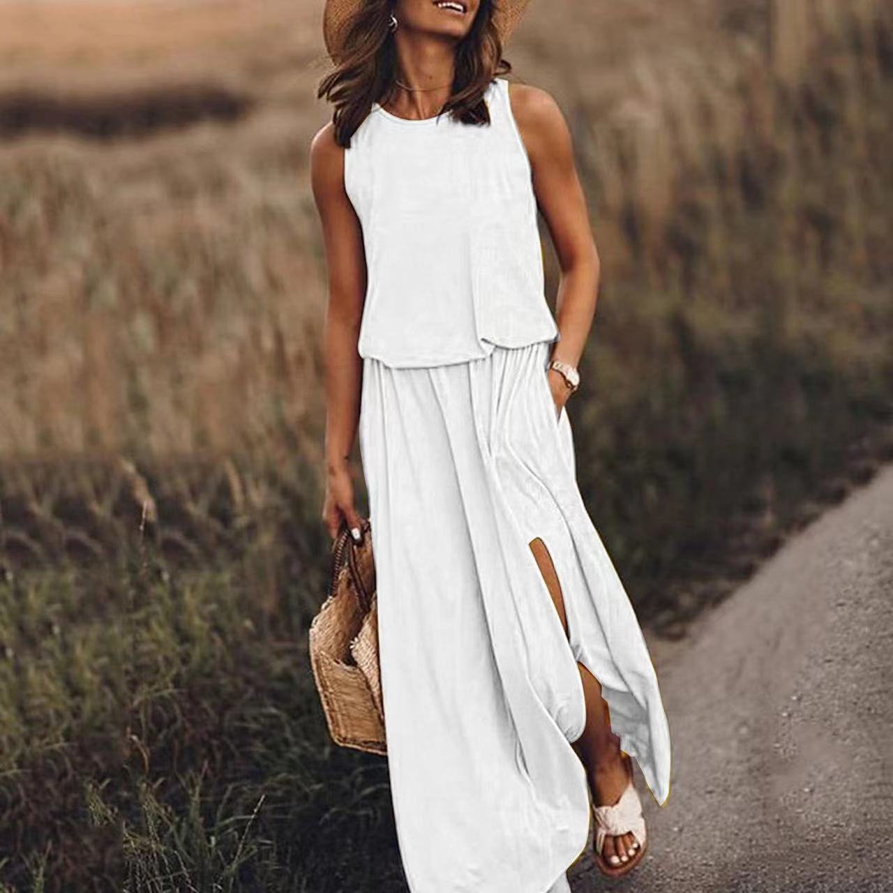 Sarah Express Women's Sleeveless Round Neck Dress with Side Split Solid Color