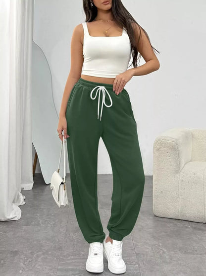 Sarah Express Women's Drawstring Waist Joggers - Casual Cotton Sweatpants with Pockets Green