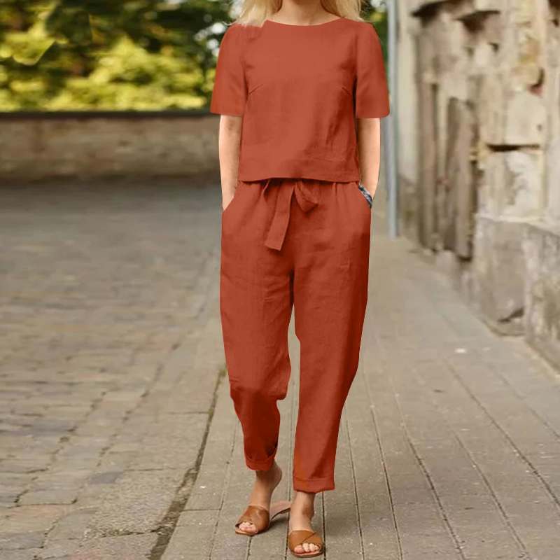 Sarah Express Women's Cotton Linen Top and Wide-Leg Pants Two-Piece Casual Set