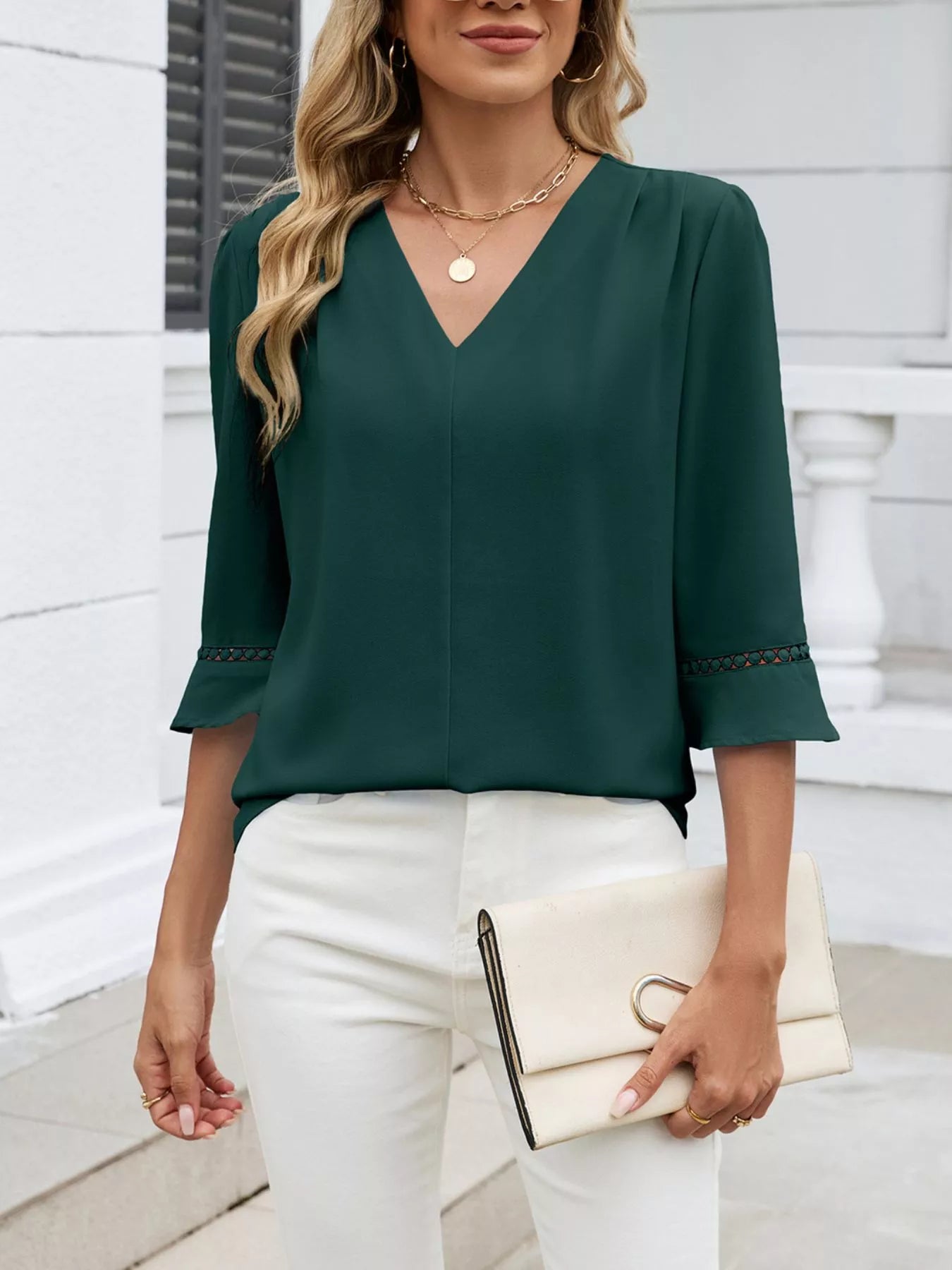 Sarah Express Women's V-Neck 3/4 Sleeve Blouse with Lace Detail