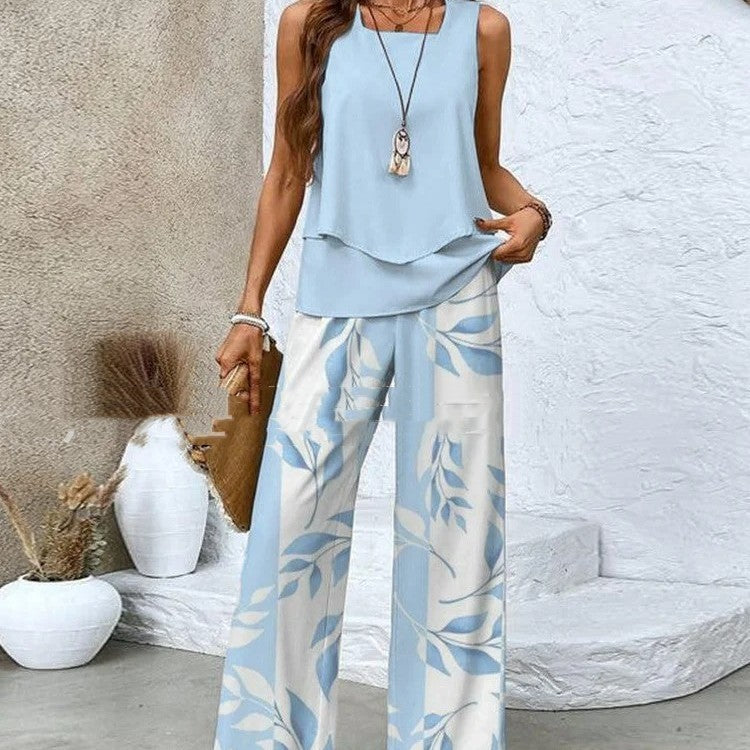 Sarah Express Women's Print Two-Piece Set Sleeveless Double Layer Vest Top Loose Straight Pants Floral Suit