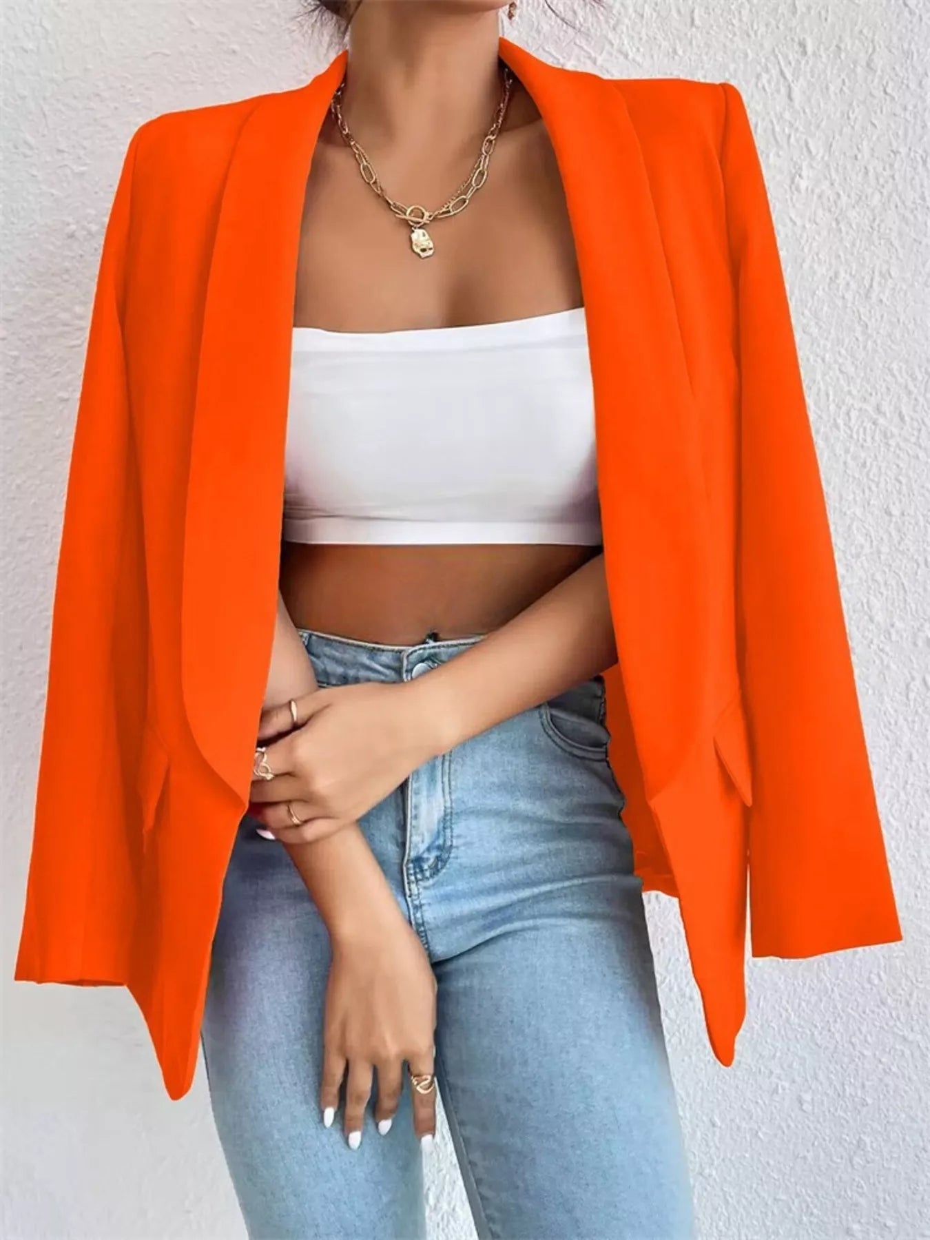 Sarah Express Women's Open Front Casual Blazer Plus Size Long Sleeve Professional Outerwear Orange Red