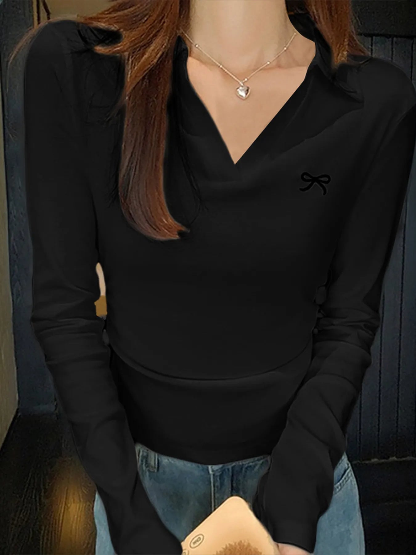 Sarah Express Women's Johnny Collar Long Sleeve T-Shirt - Basic Stretch Top Black