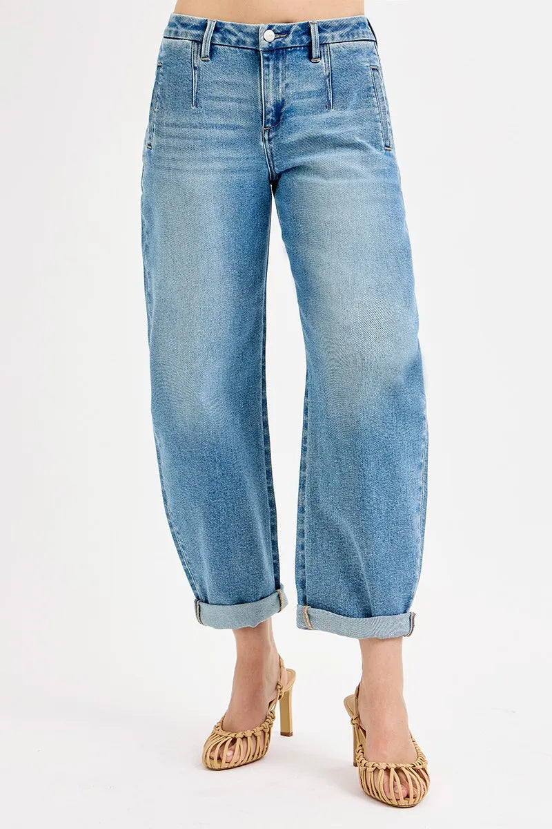 Sarah Express Women’s Plus Size Mid Rise Roll Up Barrel Jeans
