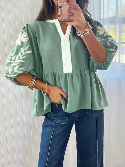 Sarah Express Women's Embroidered Puff Sleeve Babydoll Blouse - Color Block V Neck Top