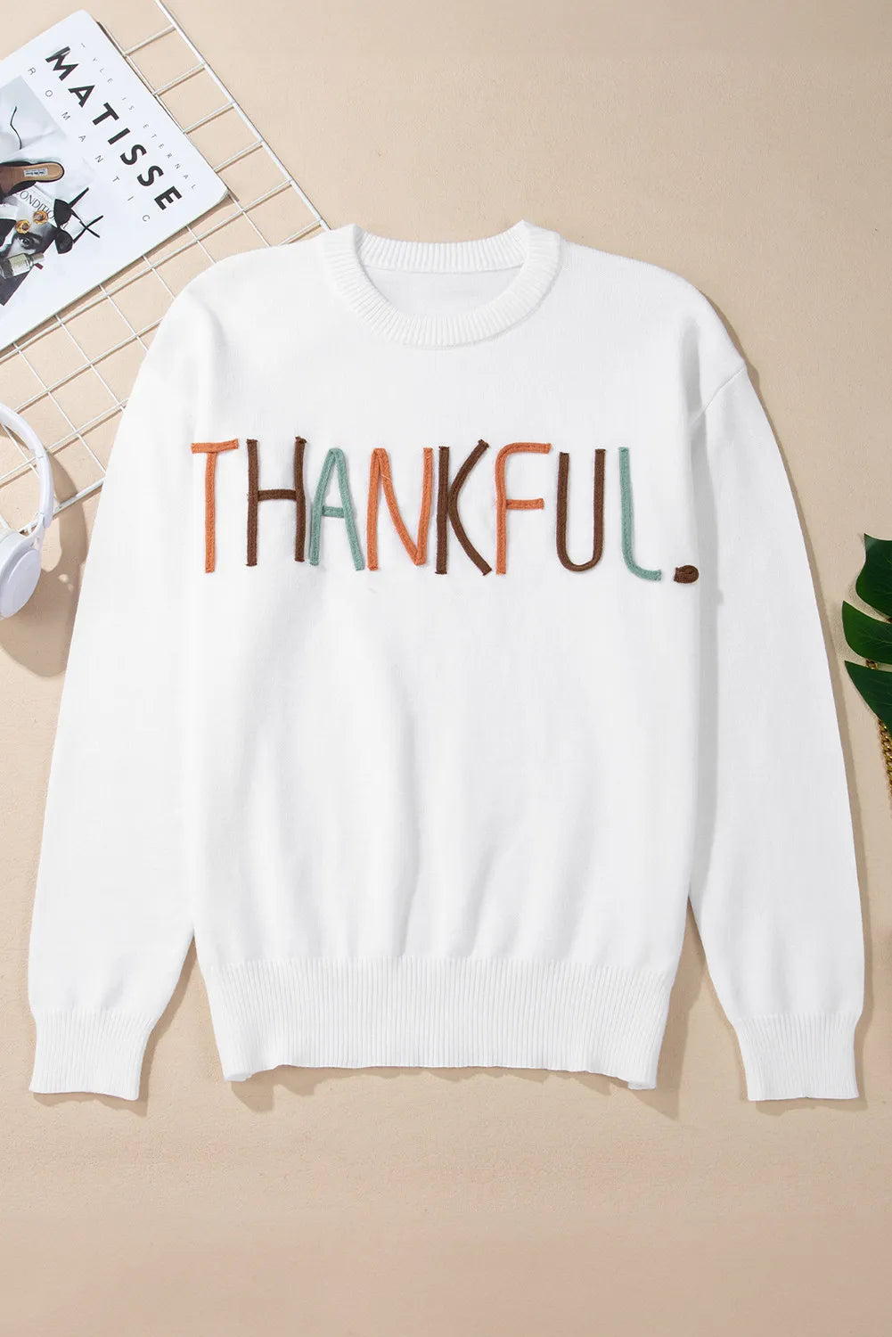 Sarah Express Women's THANKFUL Round Neck Long Sleeve Knit Top