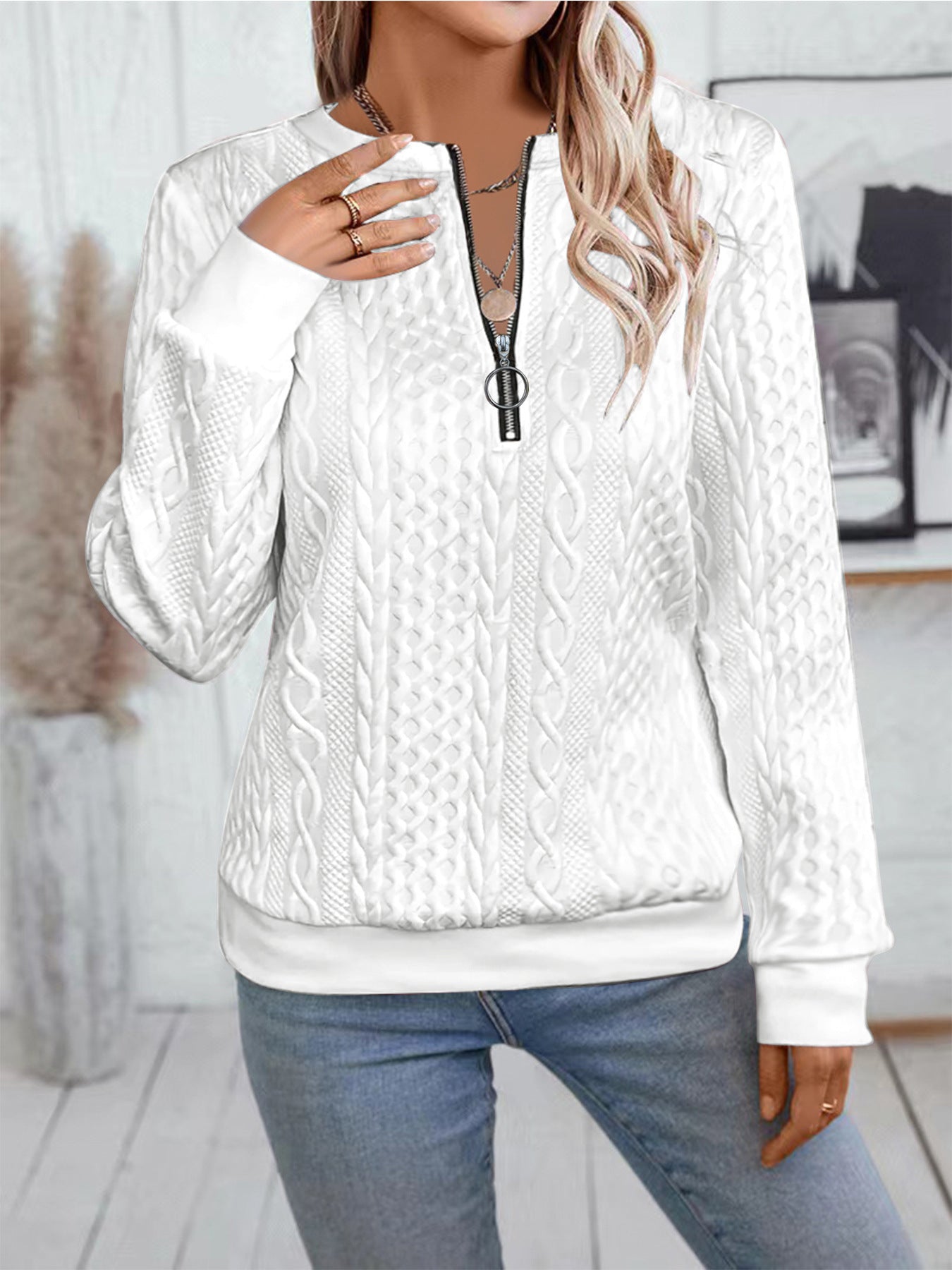 Sarah Express Women's Zipper Detail Long Sleeve Sweater Casual Loose Fit Pullover Top