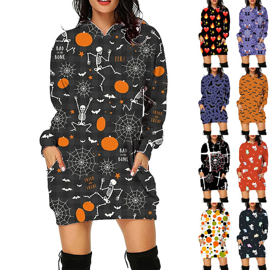 Sarah Express Halloween Print Long Hoodie With Pockets - Women's Oversized Sweater