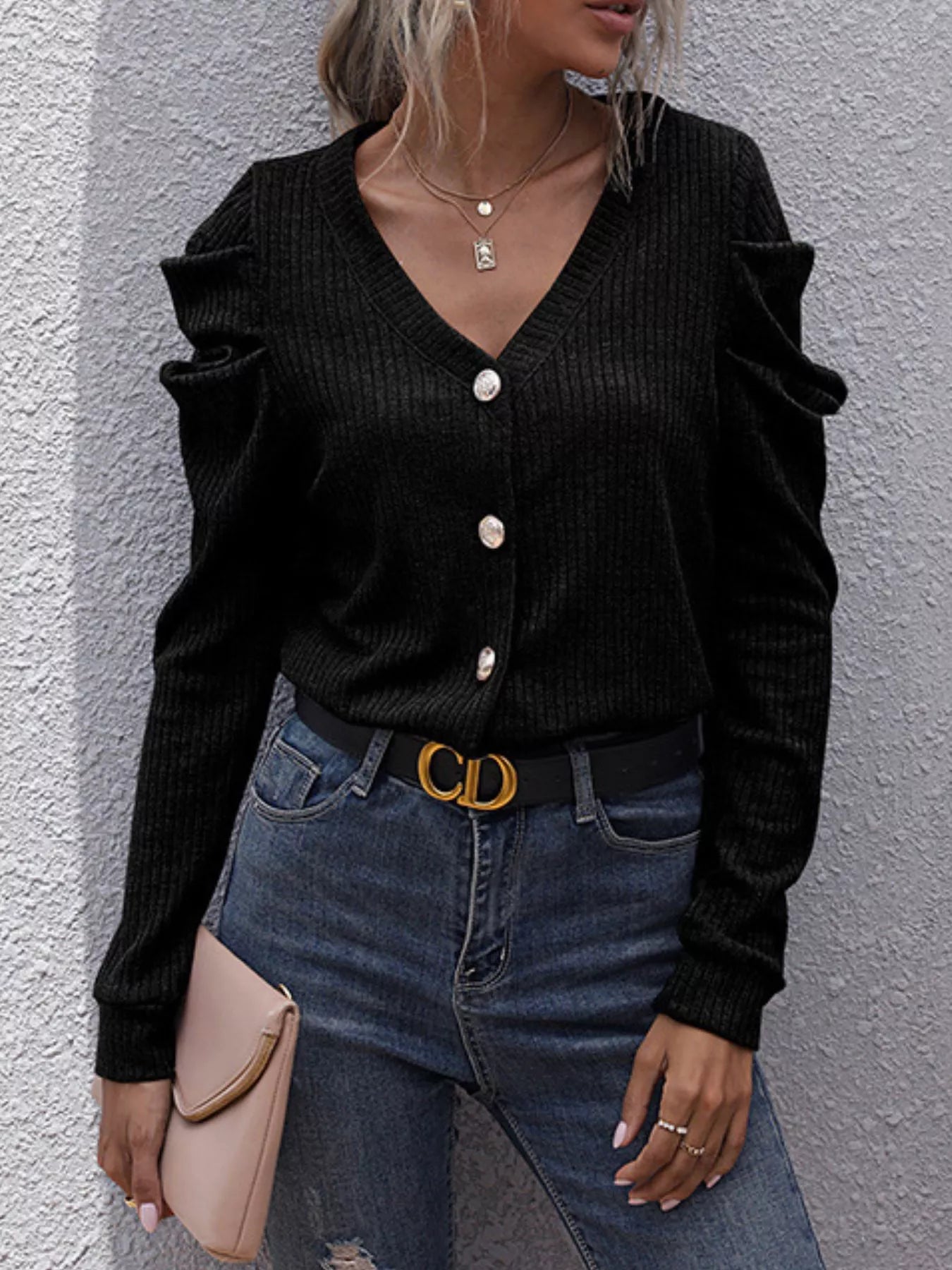 Sarah Express Women's Ribbed V-Neck Button-Up Cardigan Black