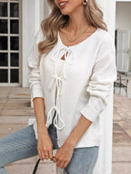 Sarah Express Women's Tie-Front Long Sleeve Cardigan - Ribbed Knit Sweater with Pockets White