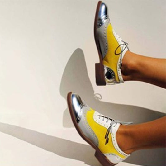 Sarah Express Women's Yellow Lace-Up Block Heel Pumps - Round Toe Low Heel Dress Shoes