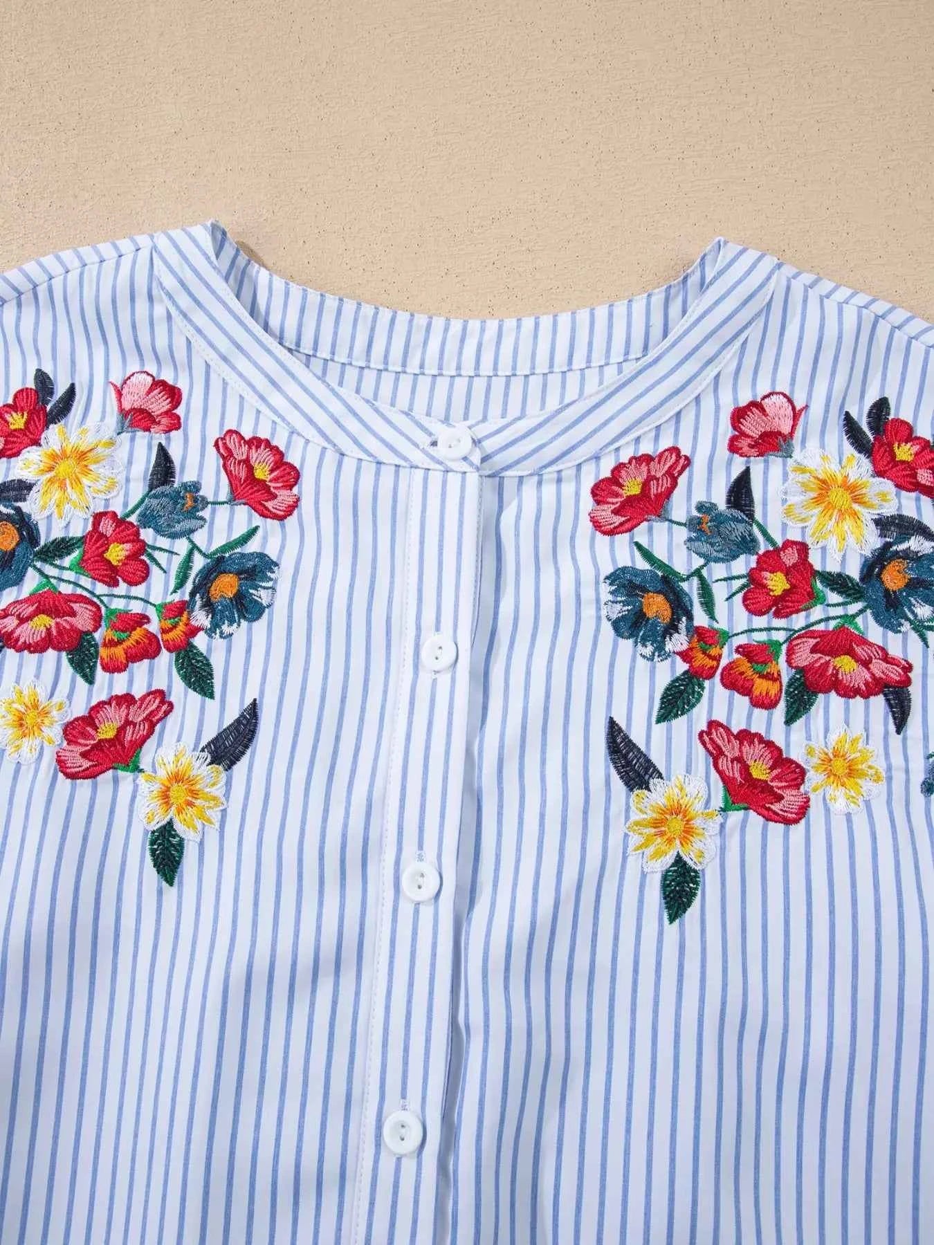 Sarah Express Women's Stripe Floral Embroidered Tunic Blouse - Billowy Sleeve Baggy Shirt