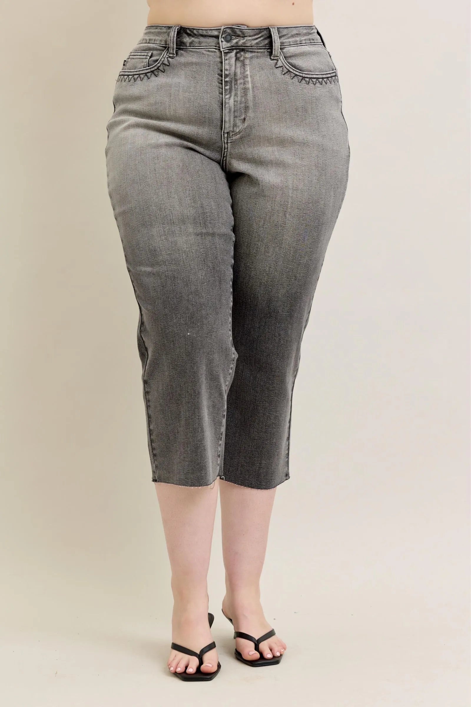 Sarah Express Women’s Plus Size High Rise Cropped Wide Leg Jeans with Embroidery
