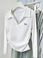 Sarah Express Women's Johnny Collar Long Sleeve T-Shirt - Basic Stretch Top