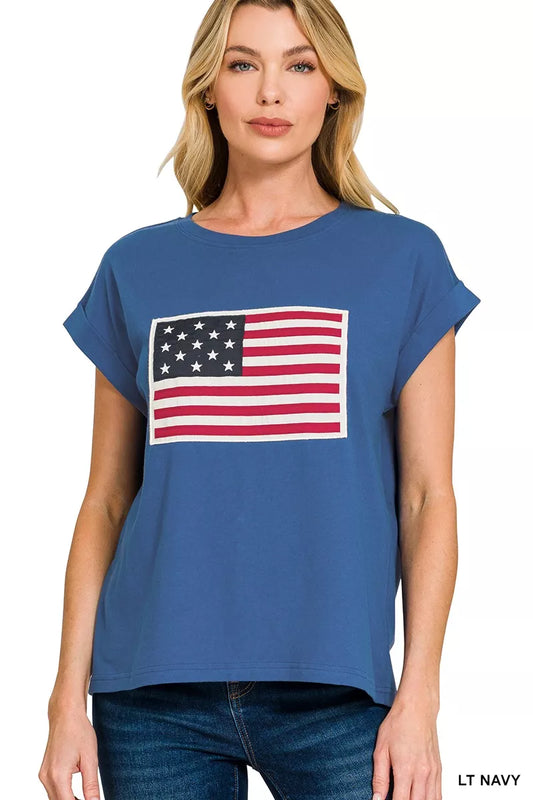 Sarah Express Women's US Flag Round Neck Short Sleeve T-Shirt Plus Size LT NAVY