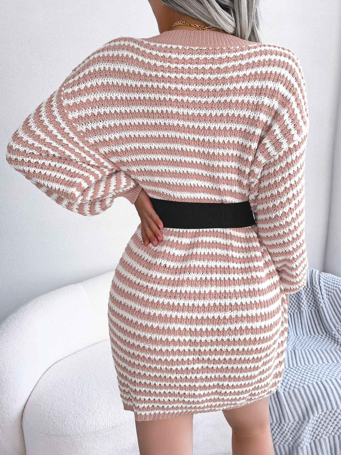 Sarah Express Women's Striped Lace-Up Knitted Dress - Long Sleeve Ribbed Sweater Dress