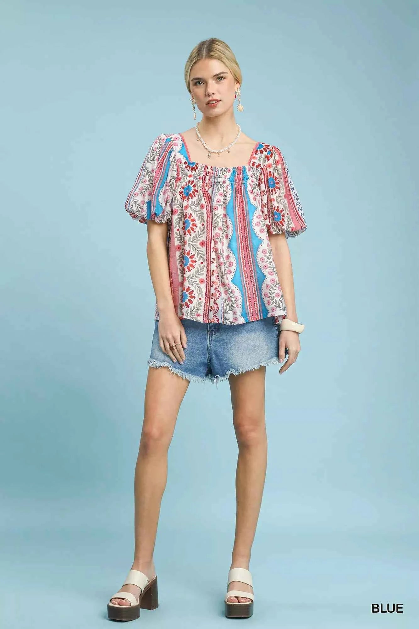 Sarah Express Women's Patchwork Puff Sleeve Smocked Blouse - Floral Stripe Square Neck Top