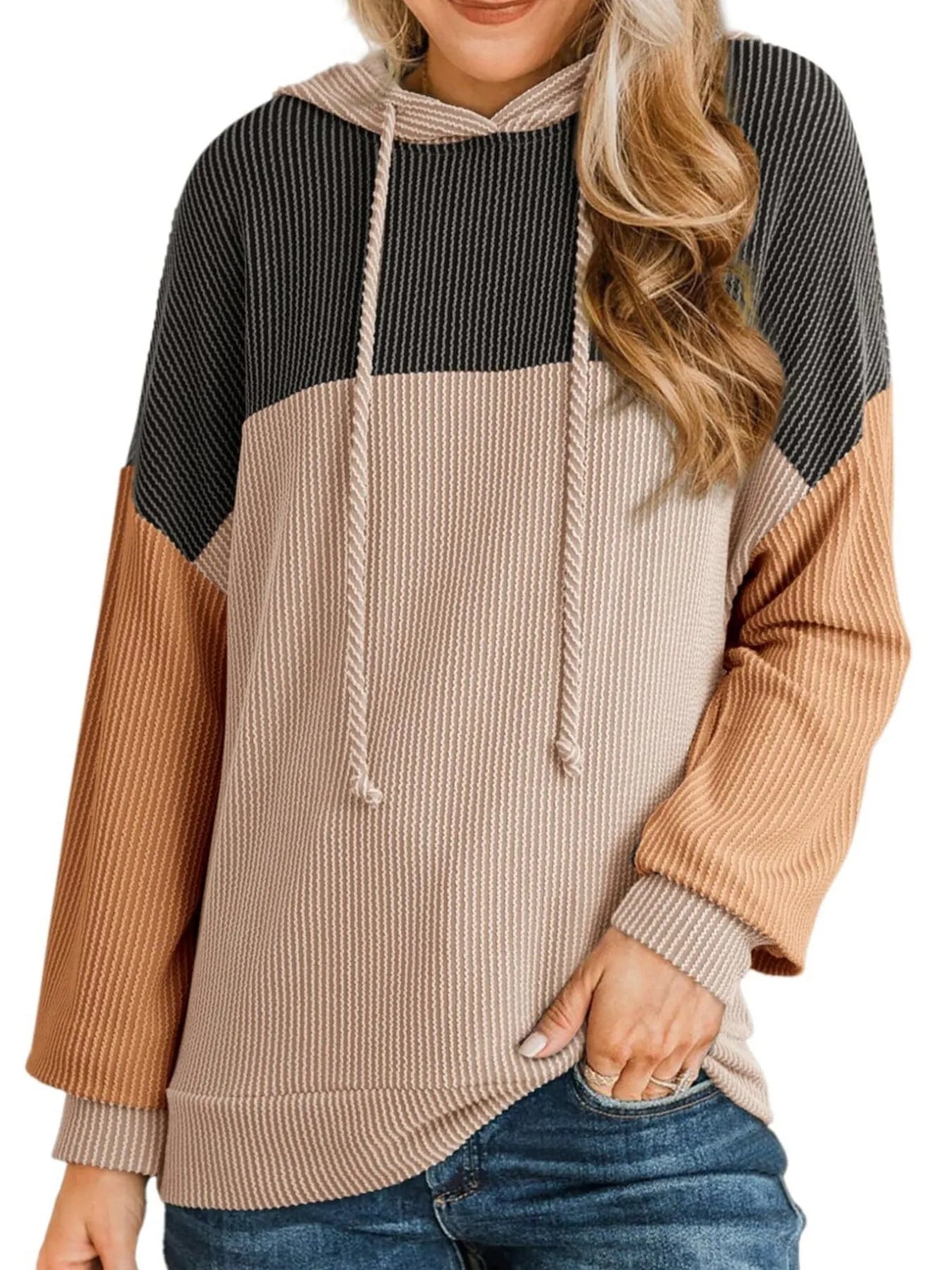 Sarah Express Women's Drawstring Color Block Long Sleeve Hoodie