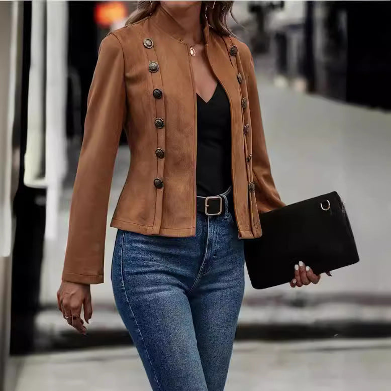 Sarah Express Women's Double-Breasted Suede Jacket Slim Fit Retro Long Sleeve Deerskin Velvet Fall Winter Outerwear