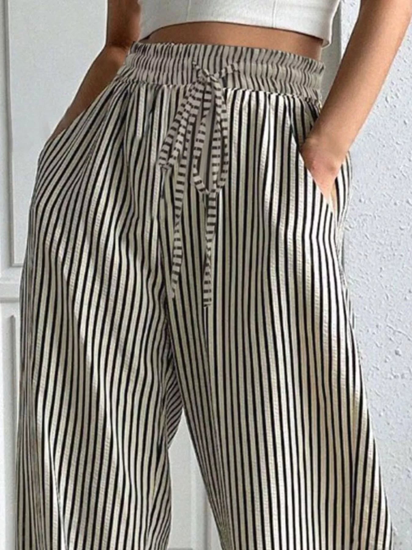 Sarah Express Women's Striped High-Waisted Wide Leg Pants
