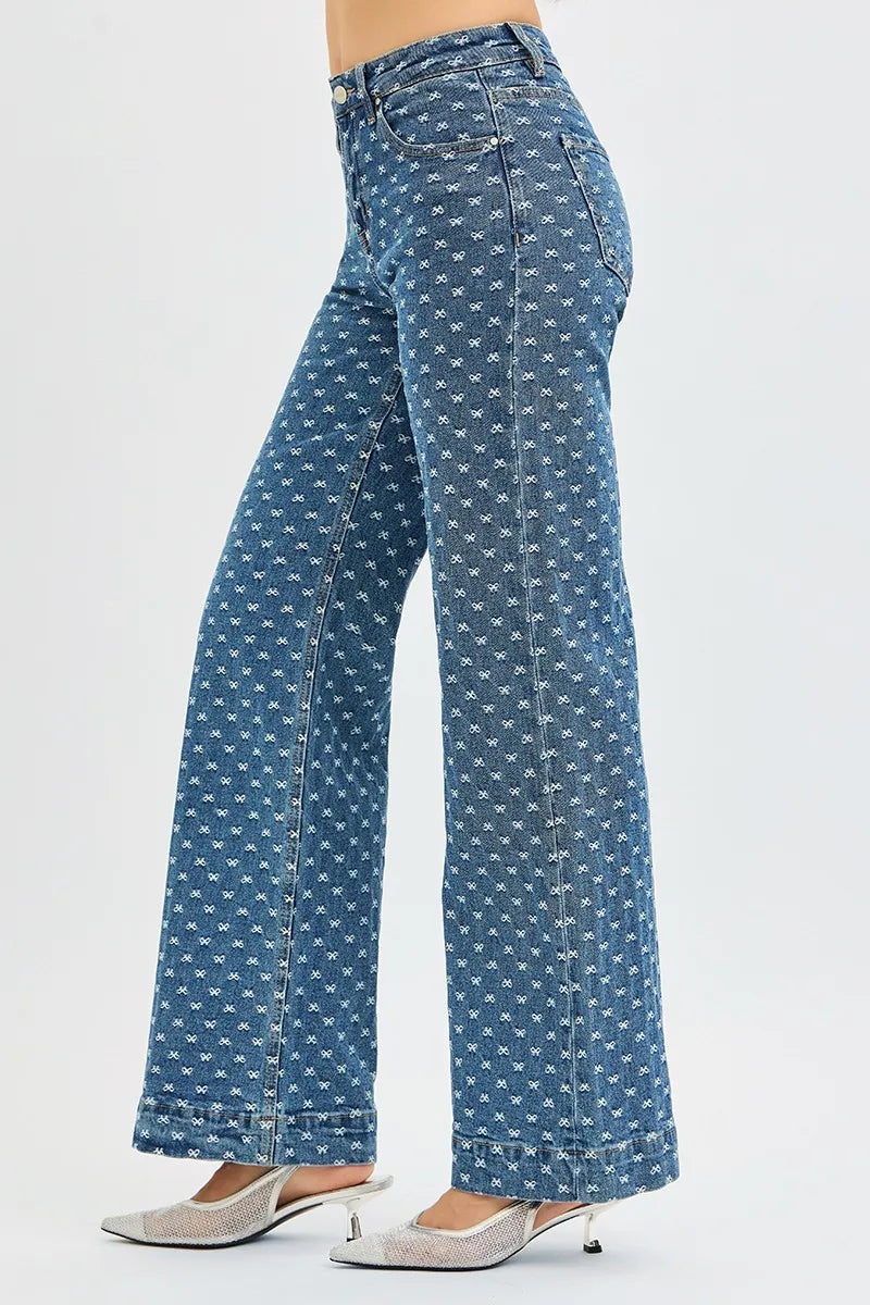 Sarah Express Women’s High Rise Wide Leg Jeans with Bow Embroidery
