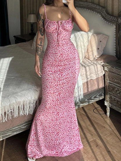 Sarah Express Women's Floral Print Tie Strap Bodycon Maxi Dress Pink